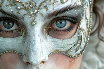 A close-up of a half-mask adorned with intricate designs against a smooth, neutral gradient background