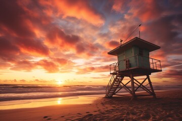 A Vibrant Sunset Over a Coastal Lifeguard Tower, with the Ocean Waves Gently Crashing and Seagulls Soaring in the Sky