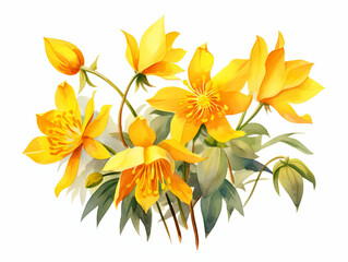 Watercolor painting of A bouquet of yellow flowers with green stems
