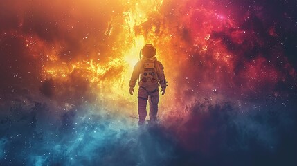 Astronaut standing in front of a colorful galaxy, suitable for space exploration themes