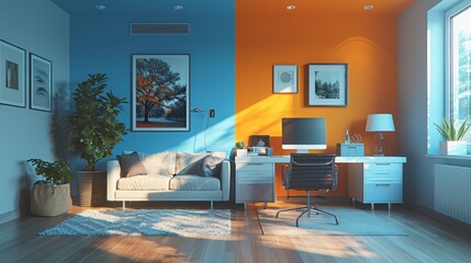 Envision a square composition where the left half is bathed in a calming shade of blue, illustrating a peaceful home environment with soft textures and tranquil home decor