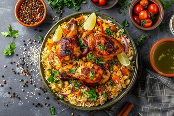 Grilled chicken legs with mixed vegetable rice on dark gray textured background