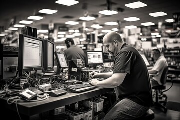 A bustling phone repair shop with a variety of tech services offered, featuring skilled technicians at work amidst shelves of spare parts and tools