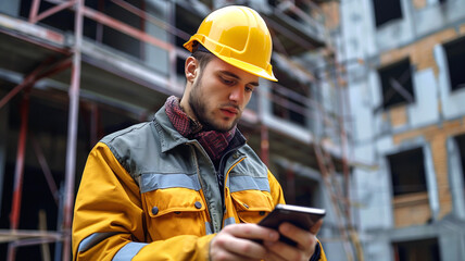Male construction worker using a smartphone