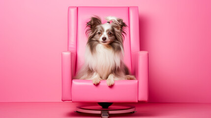 A small dog sits in a chair on a pink background, waiting for its turn for procedures.