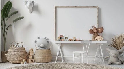 Inviting boy's room interior, with a white desk and mock-up frame, animal-themed wicker basket, plush toys, and wooden blocks, cozy home decor