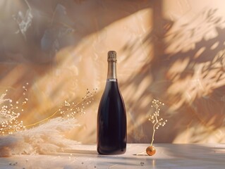 Bottle of sparkling wine mockup, on boho background