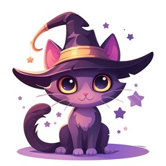 Cute beautiful cat in a witch's hat 2D logo on a white background