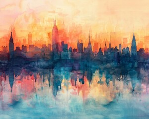 Fototapeta premium A watercolor city skyline at sunrise, with soft, colorful hues and silhouetted architectural elements in the background