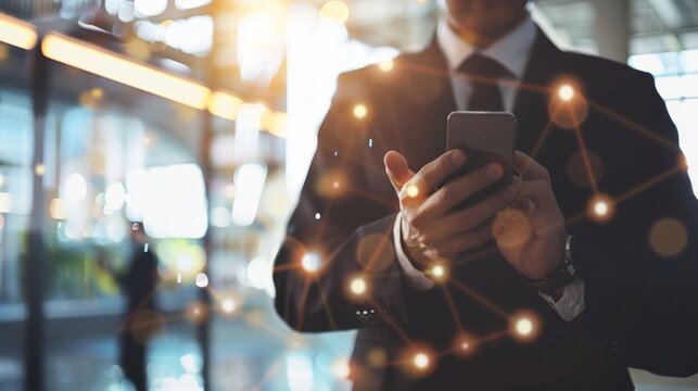 A man in a business suit utilizes his phone with an advanced digital interface overlaid on the image
