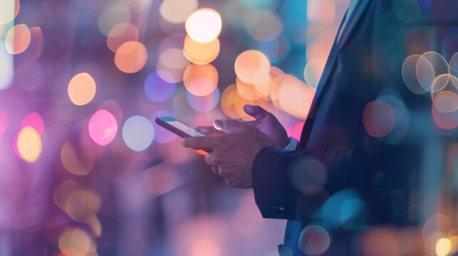 Close-up of a stylish executive using smartphone overlaid with vivid, bokeh light orbs suggesting digital connection and technology