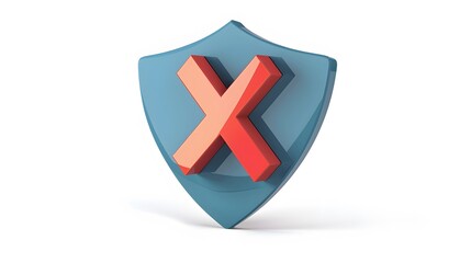 Obraz premium cartoon 3d Icon safety shield x mark perspective . Blue symbol security safety icon. Red X mark in minimalistic style. 3d vector illustration. white background