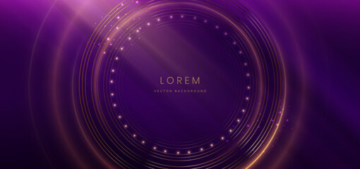Luxury dark purple background with circle glowing golden line lighting effect sparkle. Template premium award ceremony design.