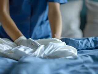 Obraz premium Close up, maid puts puts the sheets on the bed