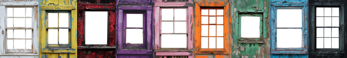 Set of old grunge abandoned windows with transparent background. without glass. Old peeling paint on wood texture. Rectangular horizontal apocalypse widows in various colors and styles. Set 02