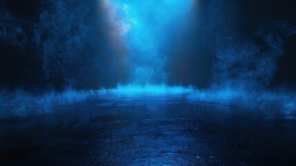 Dark empty scene, blue neon searchlight light, wet asphalt, smoke, night view, rays. Empty black studio room. Dark background. Abstract dark empty studio room texture.  Product showcase spotlight back