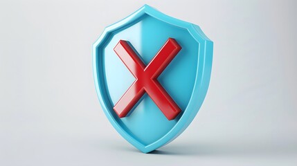 Obraz premium cartoon 3d Icon safety shield x mark perspective . Blue symbol security safety icon. Red X mark in minimalistic style. 3d vector illustration. white background