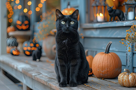  Black cat sitting on porch with Halloween decorations, including pumpkins and flowers. Created with Ai