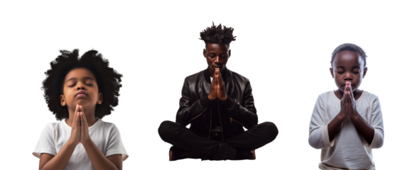 Diversity teen and children of color praying. African Praying hands collection. Set of praying people. Isolated transparent PNG background. Various angles, perspectives and poses. Religion concept.