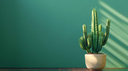 Big cactus in pot on table near green wall - Powered by Adobe