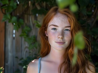 Naklejka premium Portrait beautfiul and a little freckledEnglish women in front of his yard