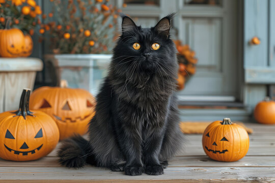 Black cat sitting on porch with Halloween pumpkins and decorations. Cute black fluffy furry long hair feline pet portrait.