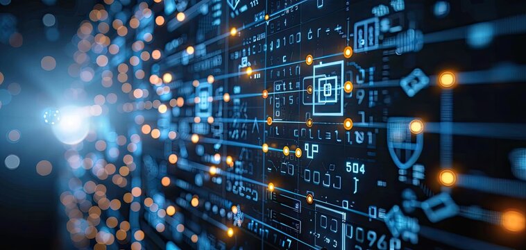 Abstract digital background with binary code and data flow chart symbols, symbolizing technology, information exchange, or computer engineering in high resolution