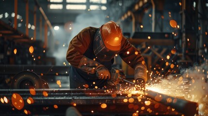 Heavy Industry Engineering Factory Interior with Industrial Worker Using Angle Grinder and Cutting a Metal Tube. Contractor in Safety Uniform and Hard Hat Manufacturing Metal Structures.