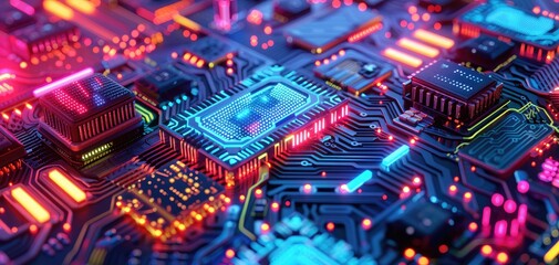 Obraz premium 3D rendering of colorful neon glowing computer motherboards and chips on a circuit board background