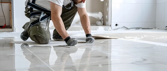Tiler lays floor tiles