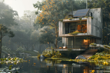 Futuristic house on the lake shore