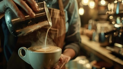 A barista crafts a latte art design