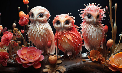 Illustration of fantastic pink birds in the forest.