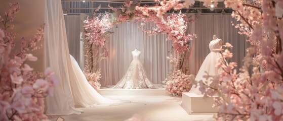 A bridal expo utilizes a soft, floraldecorated stage for runway shows, highlighting the latest in wedding fashion against a dreamy, romantic setting, product display background