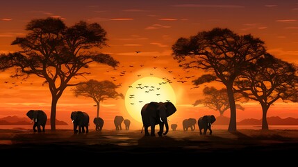 The majestic African elephant herd grazes at sunset in the savan - obrazy, fototapety, plakaty