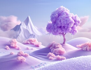 Magic fairytale Winter landscape with snow, mountains, pink fluffy clouds and fir trees against blue sky. Bright fantasy wallpaper.