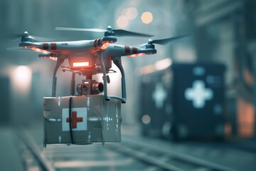 A close up cyber concept features an autonomous drone delivering medical supplies to remote areas