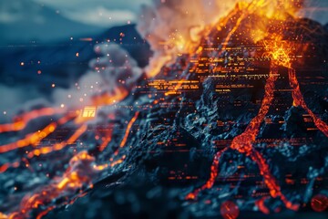 A close up cyber concept features scientists using AI to predict volcanic eruptions