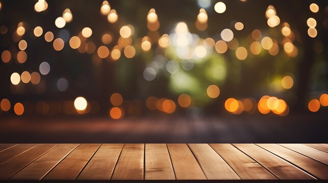 A wooden table with a blurred background of city lights