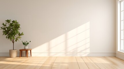 An empty room with a plant and a table