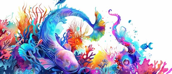 A cyber watercolor painting features a surreal underwater scene with exotic sea creatures