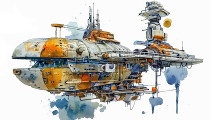 A cyber watercolor painting portrays an orbital space station designed in a quaint - obrazy, fototapety, plakaty