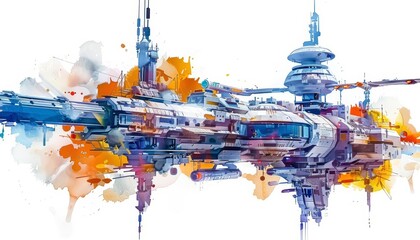 A cyber watercolor painting portrays an orbital space station designed in a quaint - obrazy, fototapety, plakaty