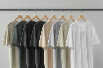 Photo of t-shirts hanging on wooden hangers in front of a white wall, showcasing the variety and color range for different styles of . The shirt is flat with no wrinkles or creases