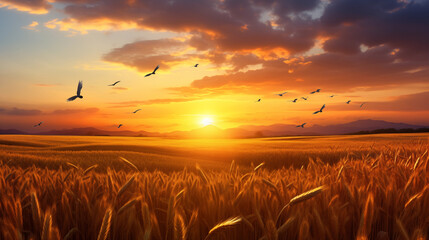 wheat field at sunset, flying birds and white clouds 