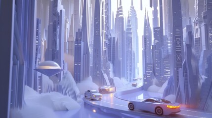A futuristic city with levitating cars and towering skyscrapers made from metallic and holographic paper, paper art style concept