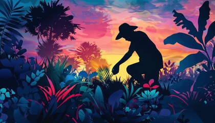 A gardeners silhouette amidst a vibrant garden, tending to plants with a gentle and nurturing touch, Sharpen closeup highdetail realistic concept good mood tone