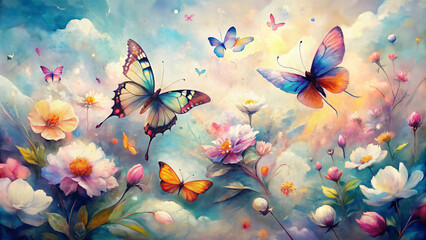 A Painting of Butterflies Fluttering Over a Field of Flowers