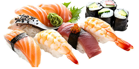 sushi set featuring an assortment of nigiri sashimi and maki rolls showcasing on transparent background - Powered by Adobe