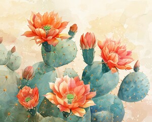 A watercolor illustration of a blooming cactus in the desert, with vibrant flowers against a soft, natural background